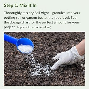 Step 1: A gloved hand mixes Soil Vigor granules into the soil with a blue scoop.