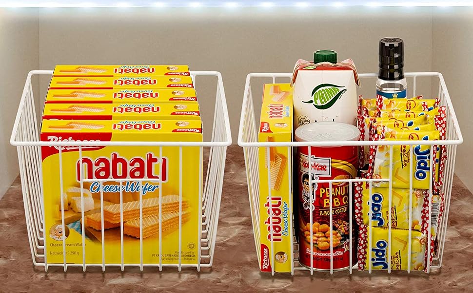 Refrigerator Freezer Baskets, Large Household Wire Storage Basket Bins Organizer with Handles