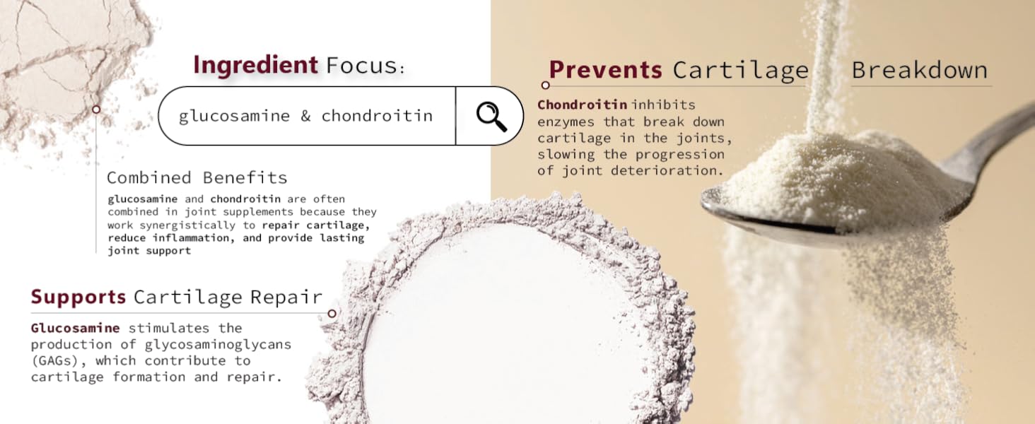 Infographic about glucosamine and chondroitin benefits for cartilage repair and preventing breakdown