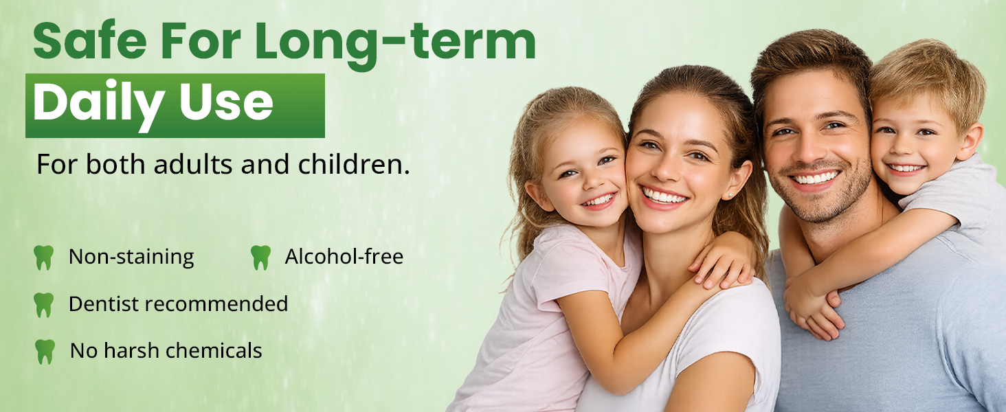 Alcohol-free oral rinse for daily use with non-staining formula for adults and children