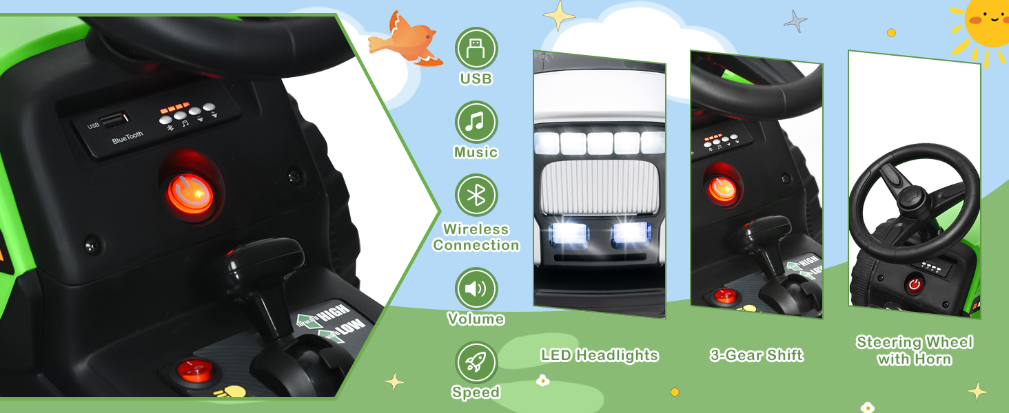 Costzon Ride on Tractor, 12V Kids' Electric Vehicles with 3-Gear-Shift Ground Loader