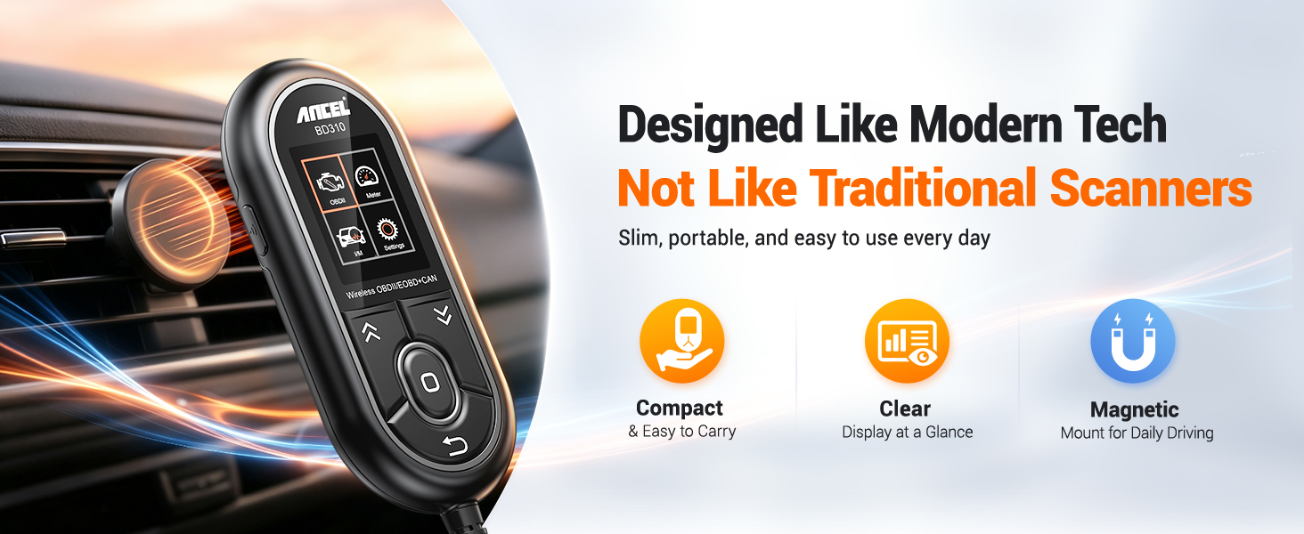 ANCEL BD310 OBD2 scanner shown with compact design, clear display, and magnetic mount for driving