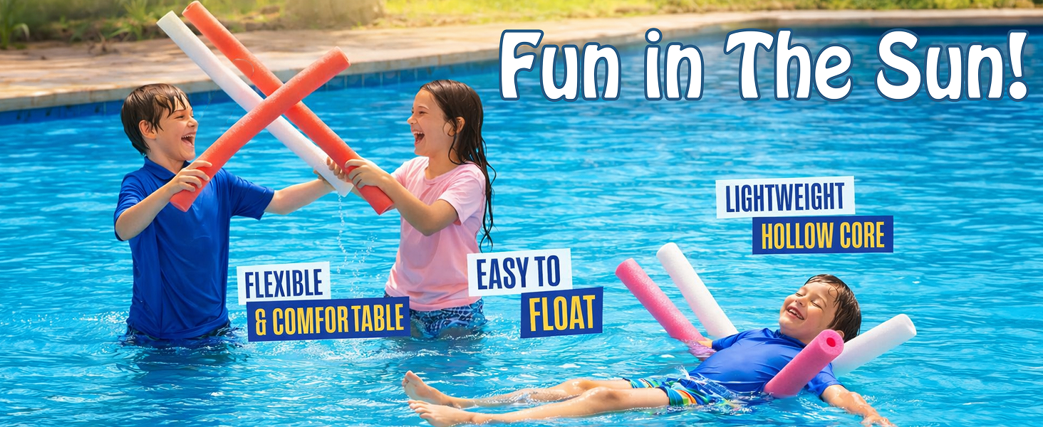 Kids playing in the pool with colorful pool noodles