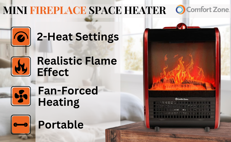 comfort zone mini fireplace portable space heater 1200 watt