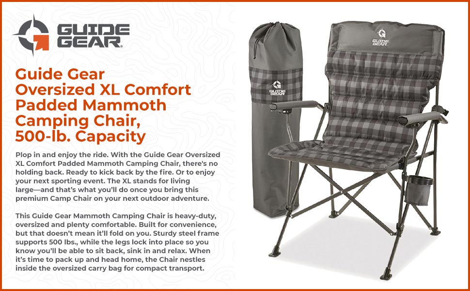 Guide Gear Oversized XL Comfort Padded Mammoth Camping Chair, Gray Plaid