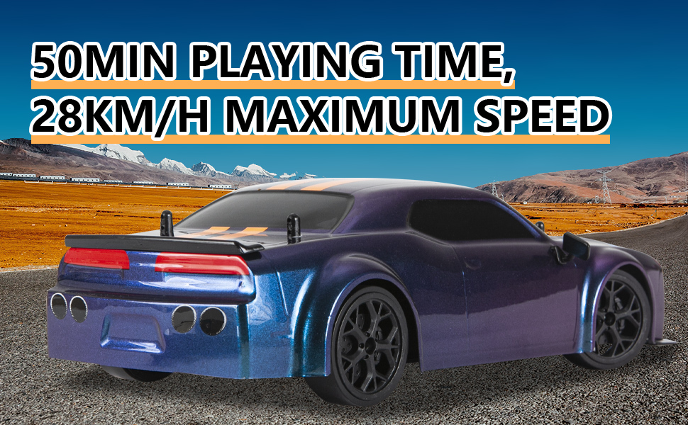 Remote-controlled toy car with sleek, racing-style design. Text overlay indicates 50-minute play time and 28km/h maximum speed.
