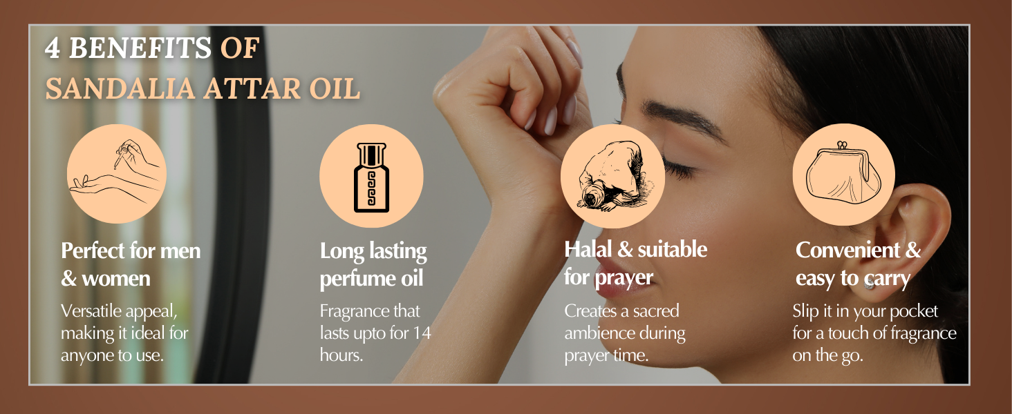 Infographic showcasing 4 benefits of Sandalia Attar oil: perfect for men &amp; women, long-lasting perfume oil, halal &amp; suitable for prayer, convenient &amp; easy to carry.