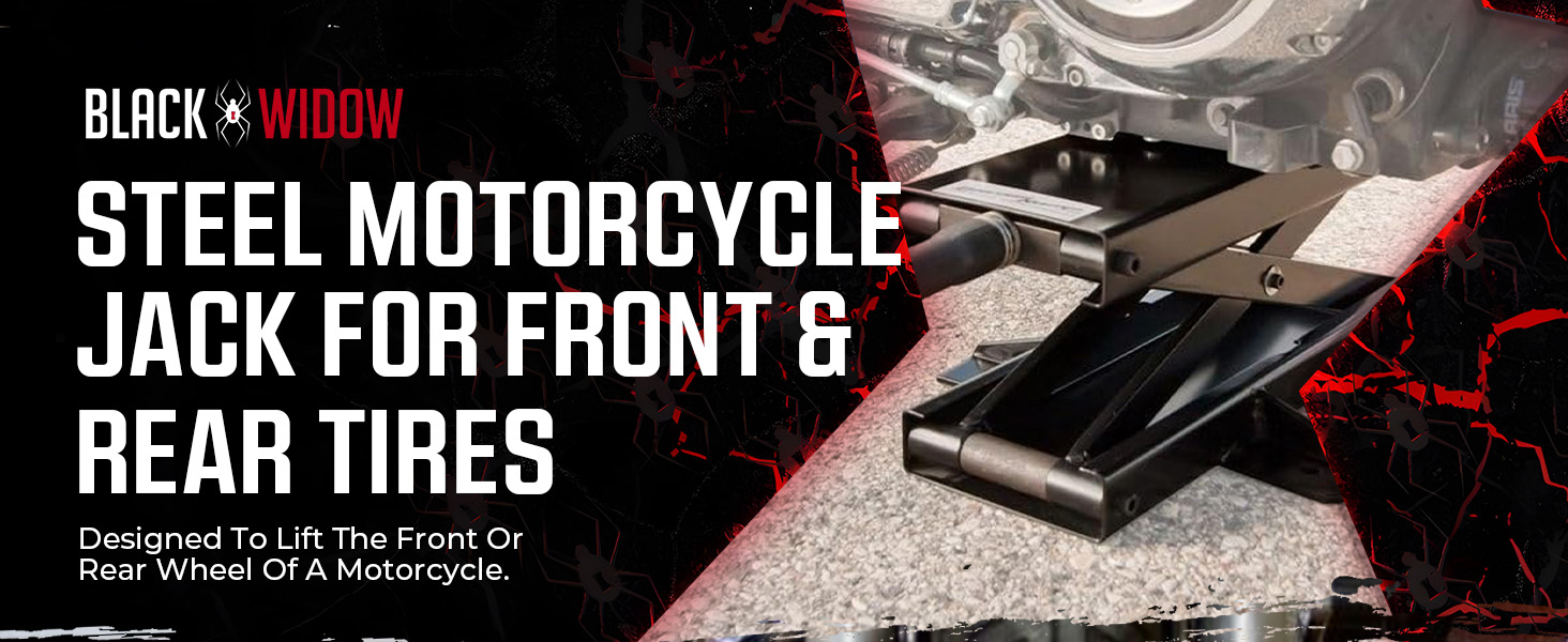 Motorcycle on Black Widow Pro Aluminum Dolly in a garage with bold product branding on display.