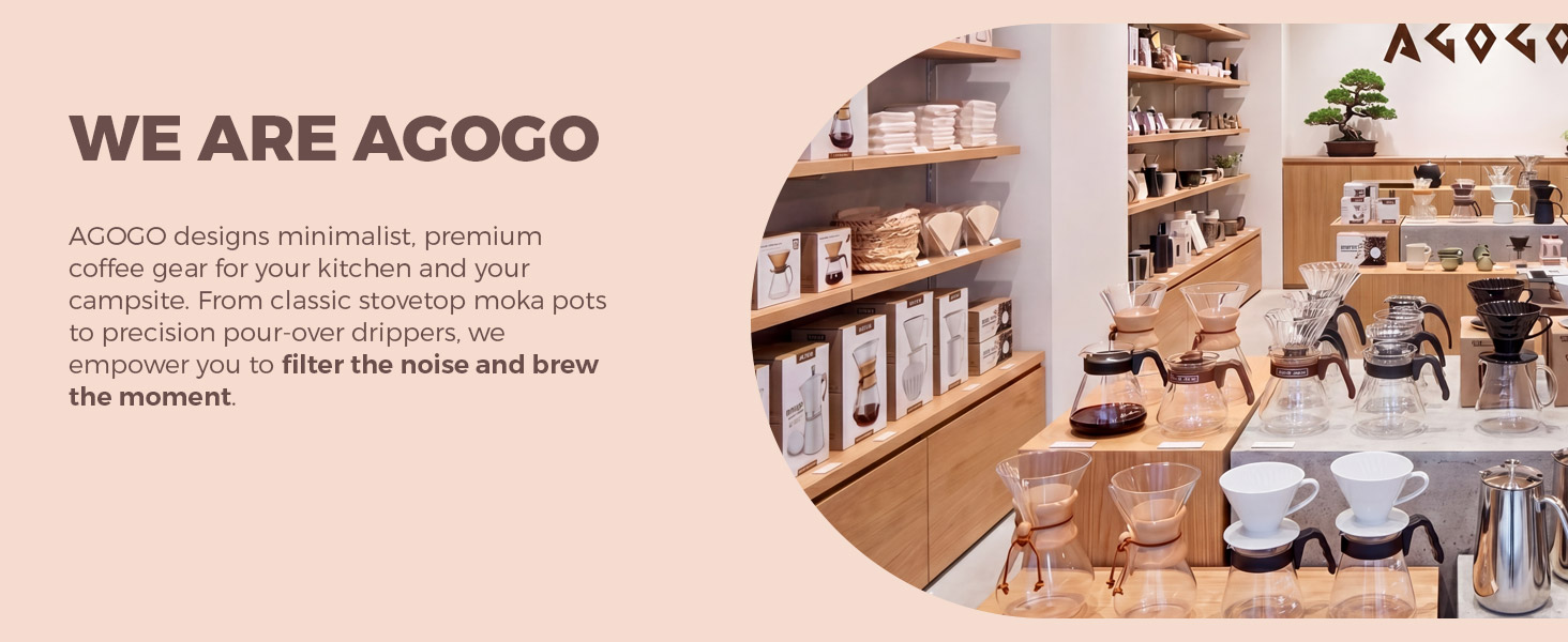 AGOGO minimalist premium coffee gear showroom featuring high-quality pour over sets and accessories