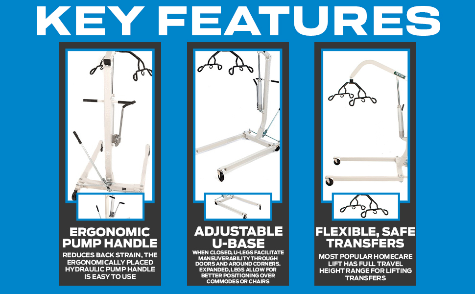 Key features include ergonomic pump handle, adjustable u-base, and flexible transfers