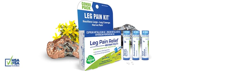 Leg Pain Relief Kit box and tubes with copper, St John's wort, zinc, HSA &amp; FSA Eligible