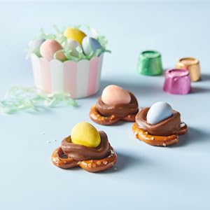 A recipe featuring pretzels, ROLO caramel chocolate candies and CADBURY MINI EGGS candies