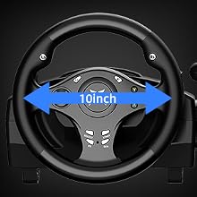 Gaming steering wheel with 10-inch diameter measurement indicated by blue arrow annotation, featuring black leather-like covering.