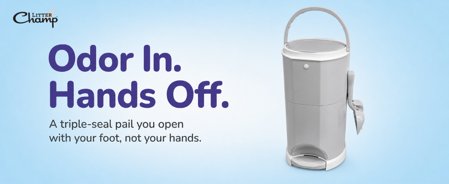 Litter Champ cat litter disposal system, gray hands-free pedal pail with carry handle.
