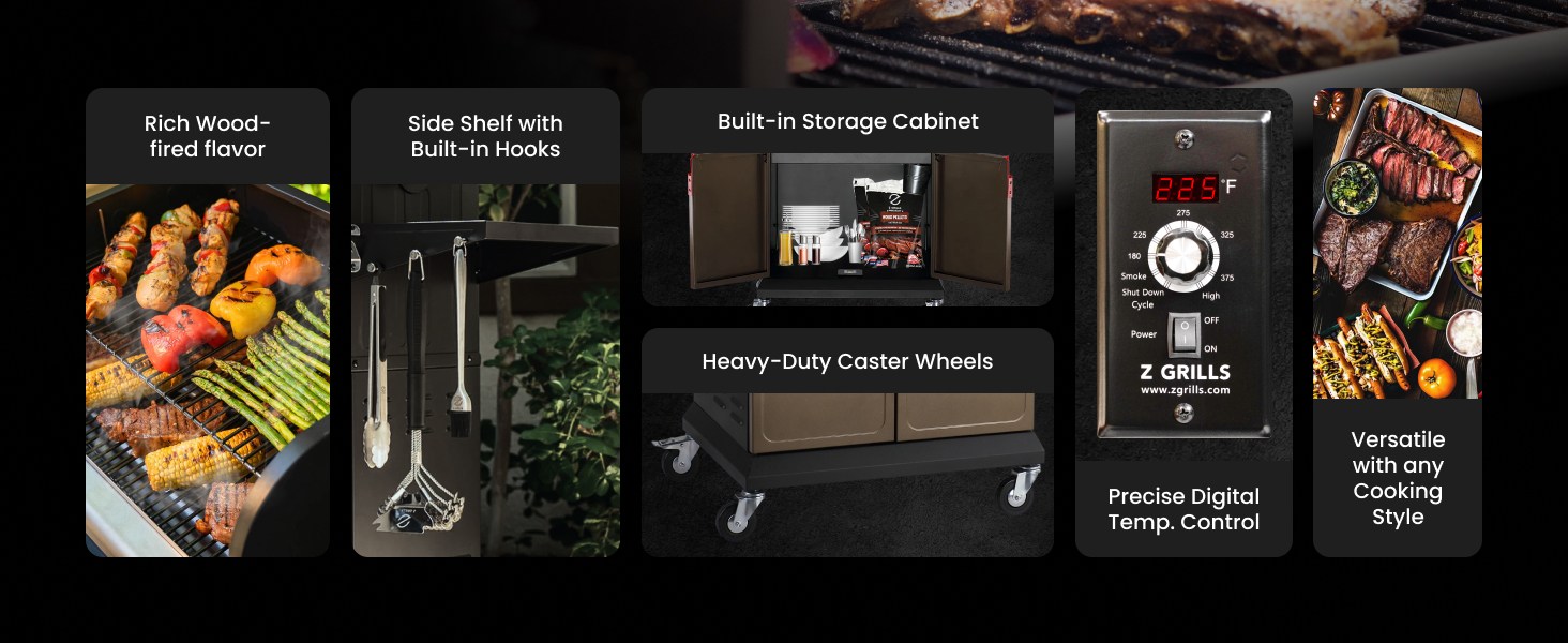 Rich Wood-fired flavor, Side Shelf with Built-in Hooks, Built-in Storage Cabinet