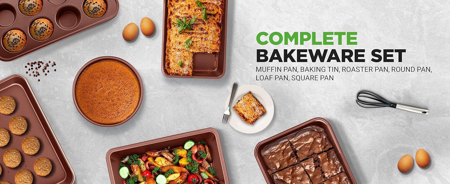NutriChef bakeware set with muffin pan, loaf pan, square pan, roasting tray, and round cake pan