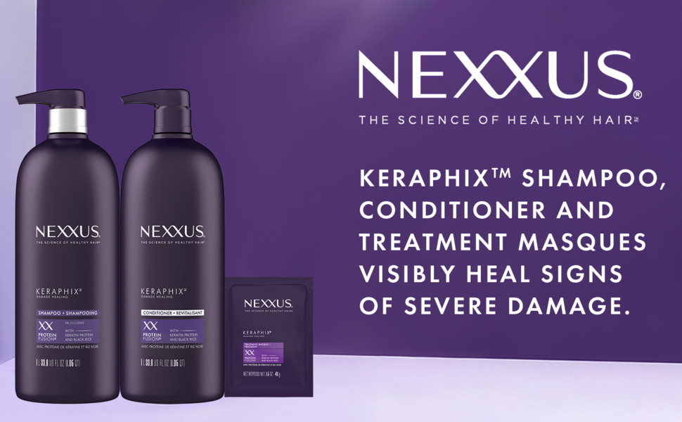 KERAPHIX SHAMPOO, CONDITIONER AND TREATMENT MASQUES on violet and purple background.