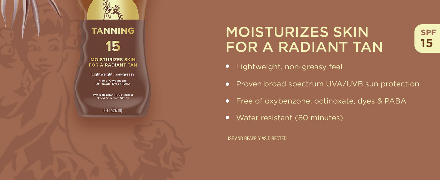 Brown bottle of SPF 15 tanning lotion on tan background with icons