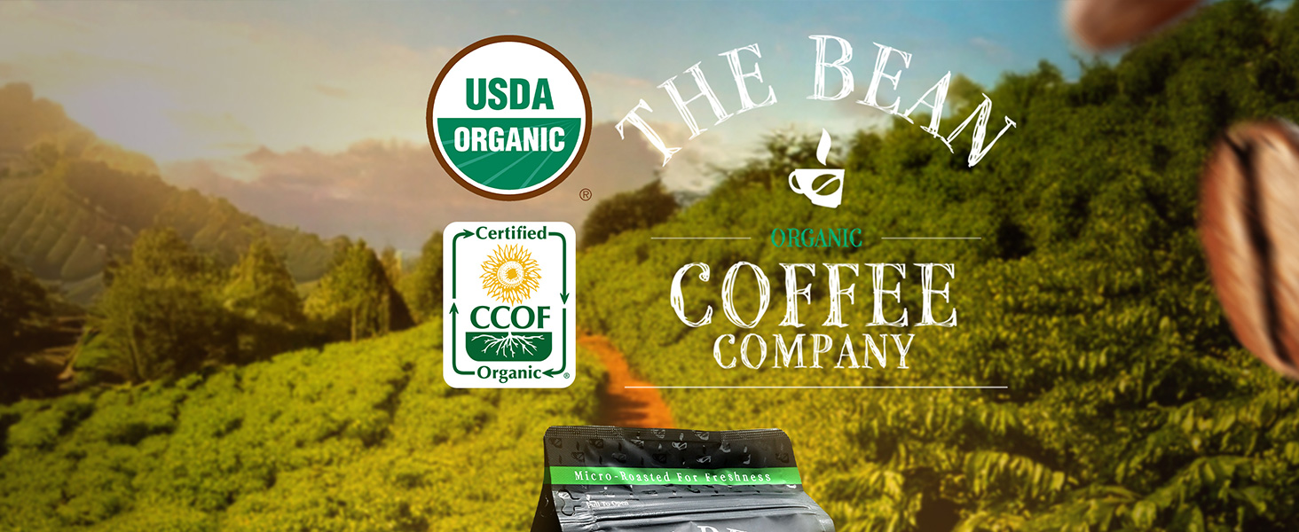 Organic coffee branding over a lush green coffee farm with USDA and CCOF certification logos