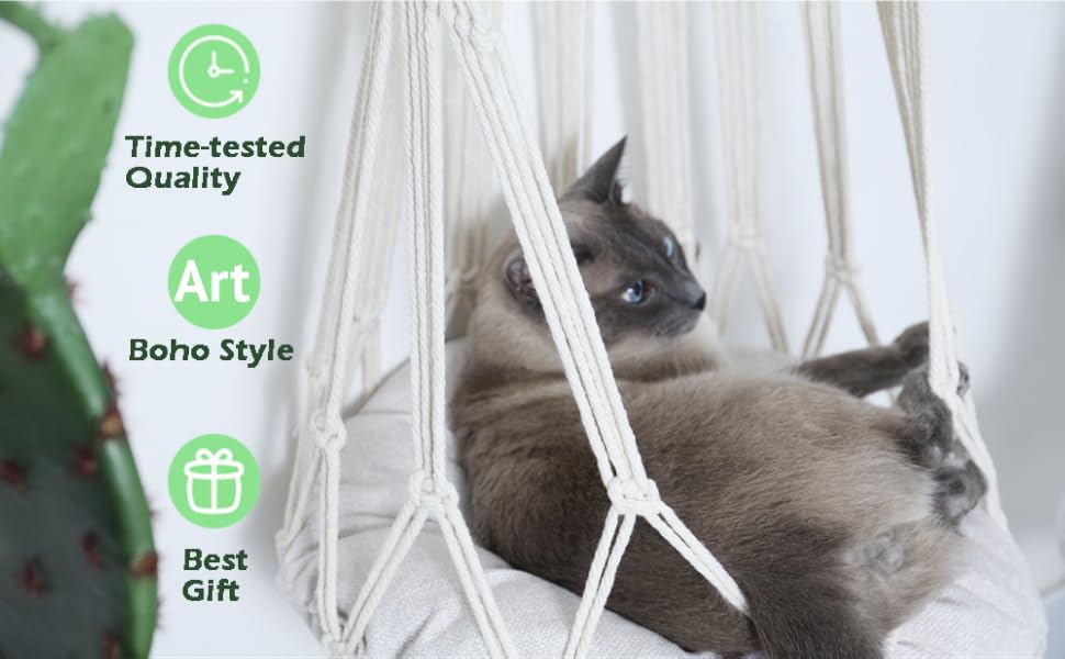 Cat lounging in a quality boho style macrame cat hammock, an artful and perfect pet gift.