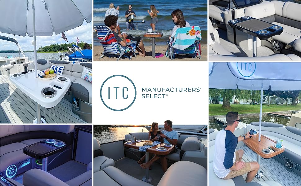 A collage of various color and sized ITC Boat Tables on pontoon boats and the beach