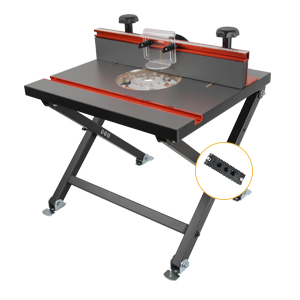 O’SKOOL router table with X-frame legs folded beneath the tabletop for compact storage
