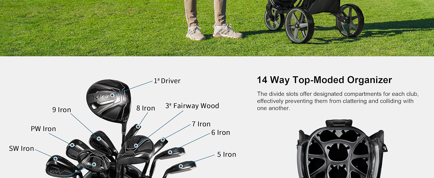 KVV Top-Moded Organizer Cart Bag, Premium Silent Golf Bag with 14 Club Locking Slots