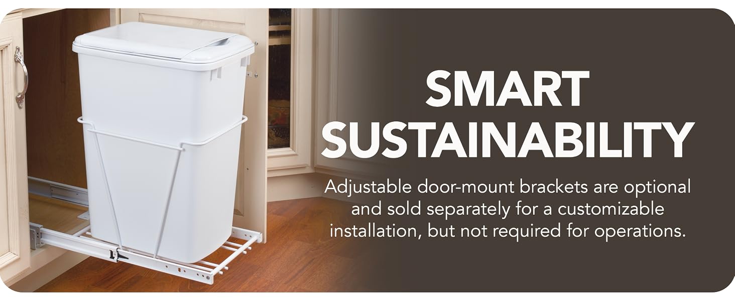 A pullout waste container setup from Rev-A-Shelf. Text reads: Smart Sustainability