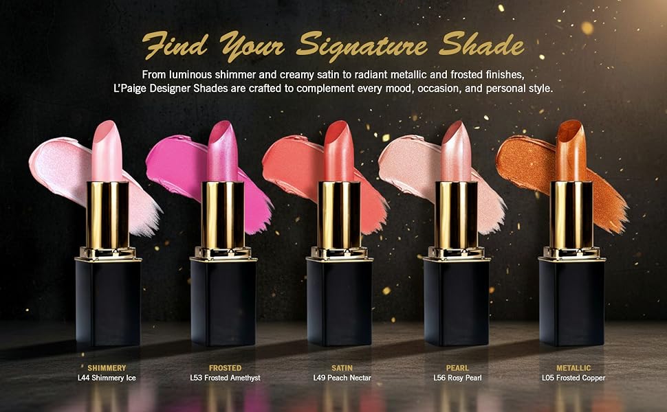 L’Paige designer lipstick lineup with shimmer frosted satin pearl metallic finishes