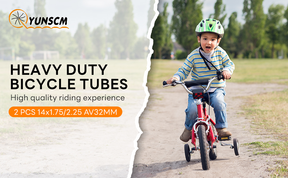 Yunsun heavy duty bicycle tubes package. Child riding red bicycle in background. Text mentions 'High quality riding experience'.