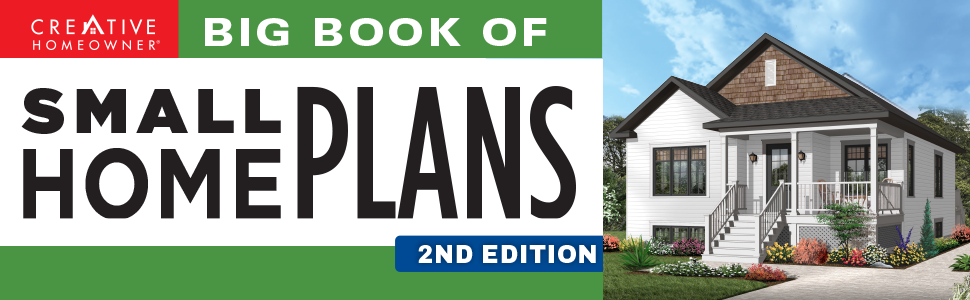 A small white home with porch, text, Big Book of Small Home Plans