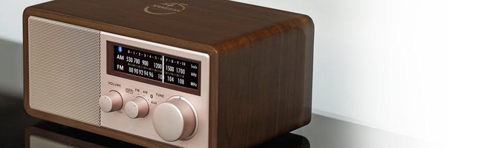 simple wood and rose gold radio