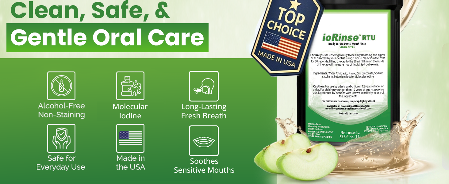 Ready-to-use oral rinse with molecular iodine and fresh apple flavor for daily oral care