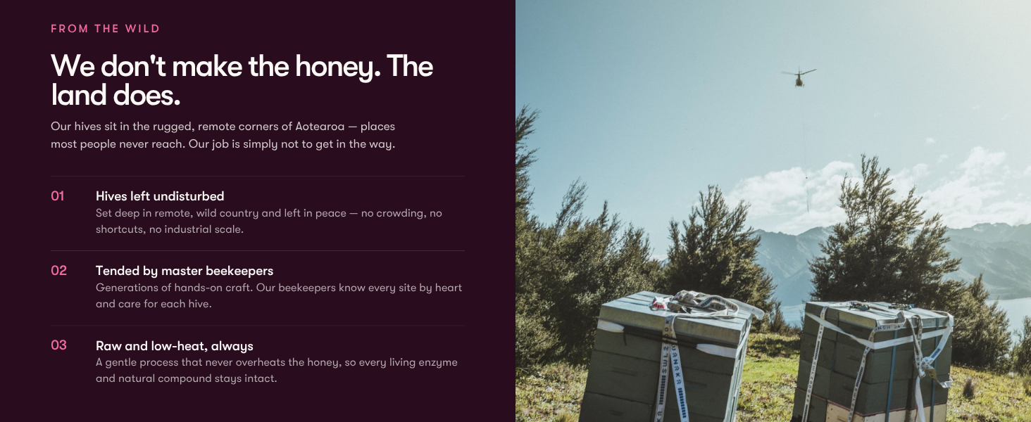 Our hives sit in the rugged, remote corners of Aotearoa — places most people never reach.