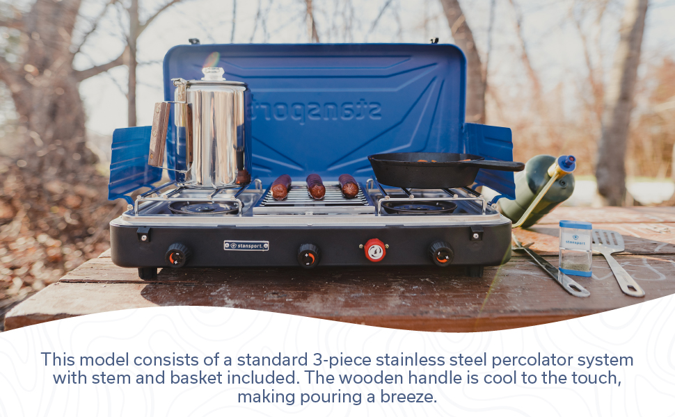 percolator stem, wood handle, stainless steel, percolator basket, pour over coffee, kitchen, camping