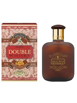 Double Whisky eau de toilette bottle and packaging. Frosted amber glass bottle with gold cap. Red and gold ornate box featuring floral patterns and product details.