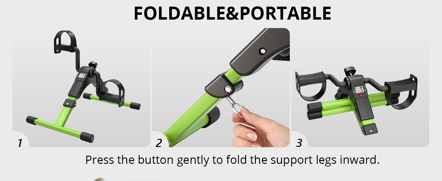 momoda pedal exerciser: foldable, portable, quick-release folding mechanism