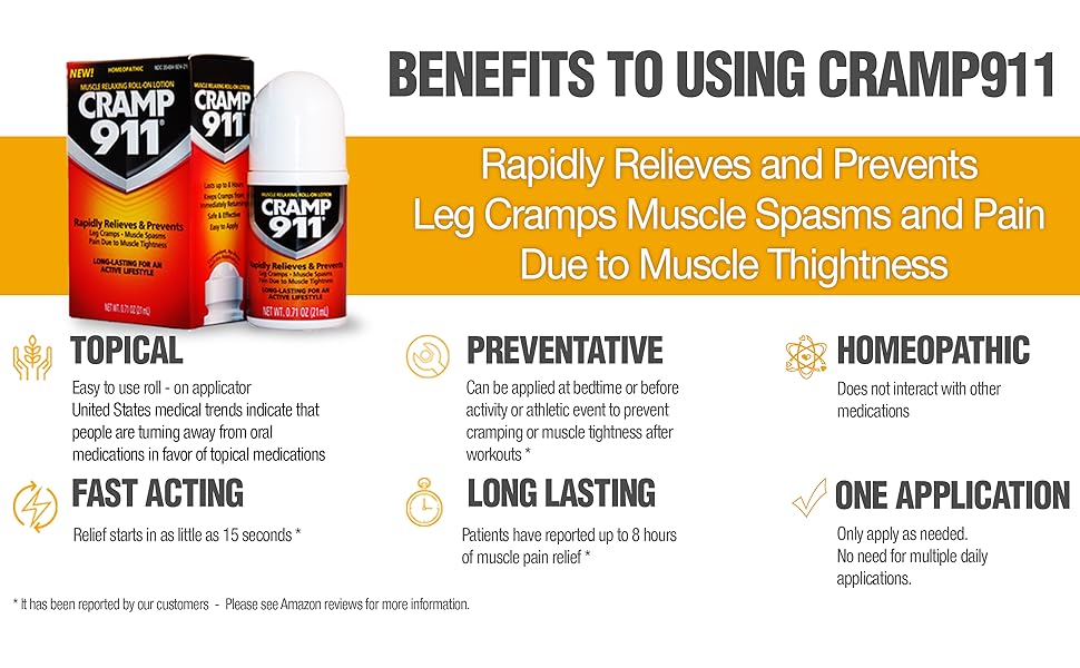 Cramp 911, Pain relief cream, leg cramps, muscle cramp relief, muscle relaxer, pain relief roll on