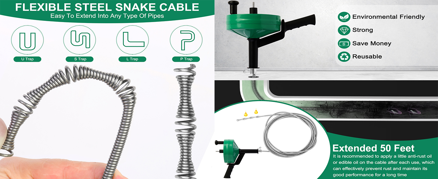 drain snake 50ft plumbing snake for sink drain auger snake drain hair removal tool snake drain