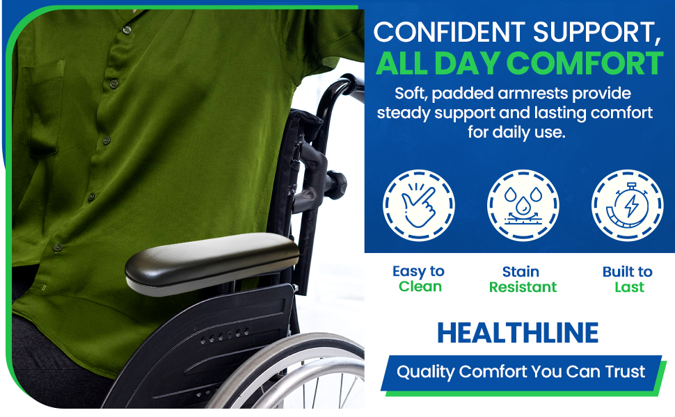 Healthline Padded Armrest For Wheelchairs Vinyl Pair, Universal Arm Pads Replacement