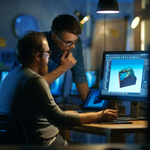 Two men looking at high resolution image on desktop screen