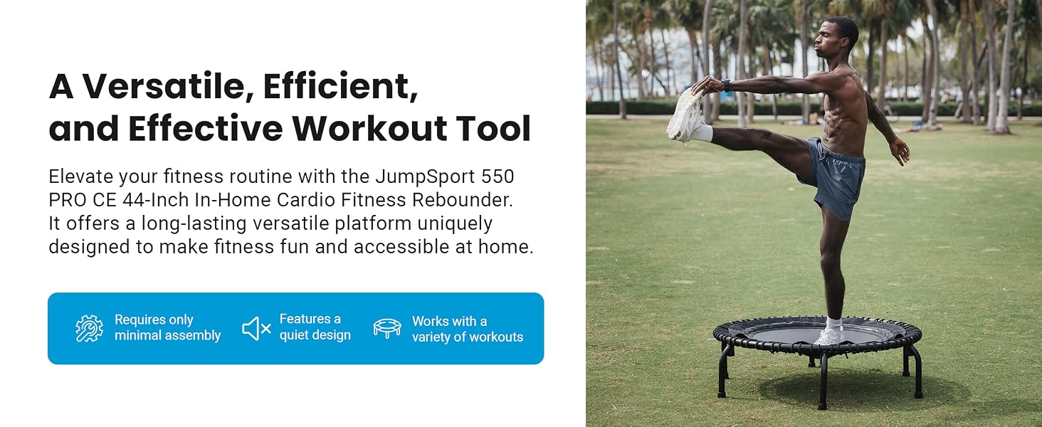 This trampoline offers a long-lasting versatile platform designed to make fitness fun and effective.