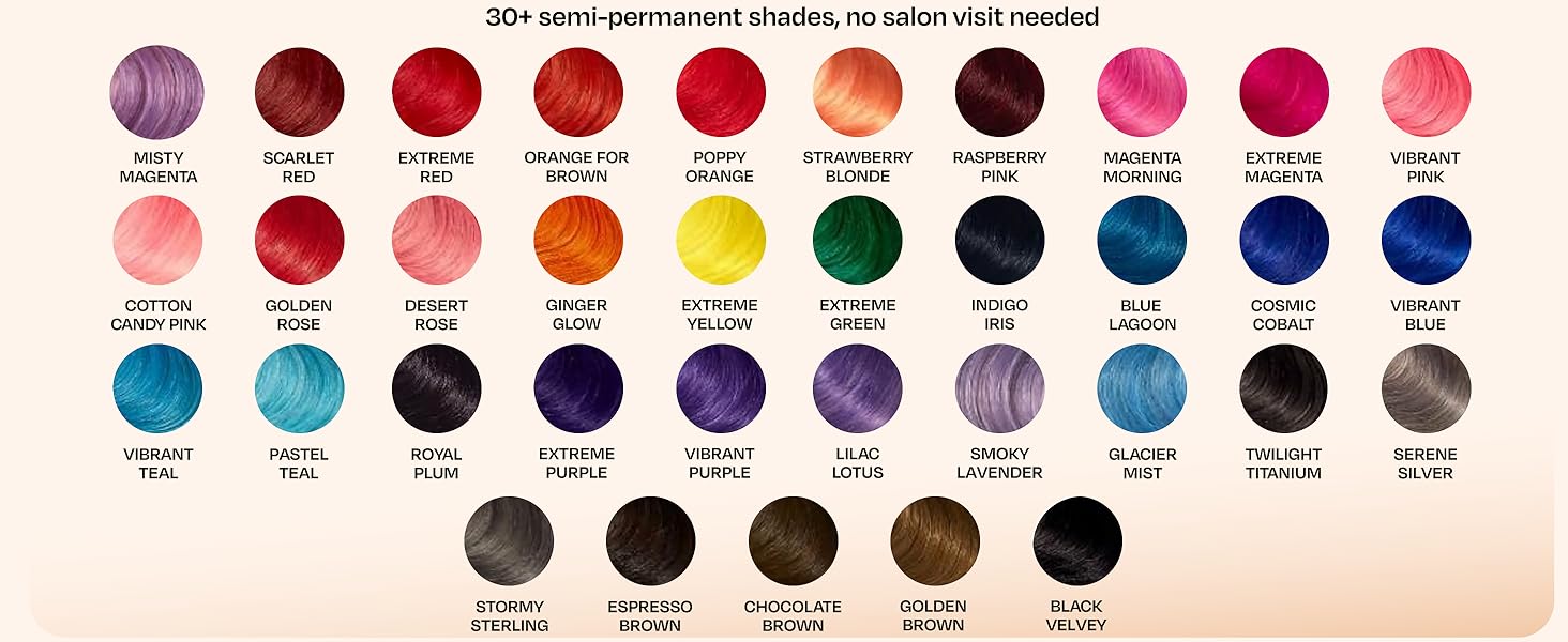 Color selection dark pink brown blue purple blonde auburn red green teal silver black yellow