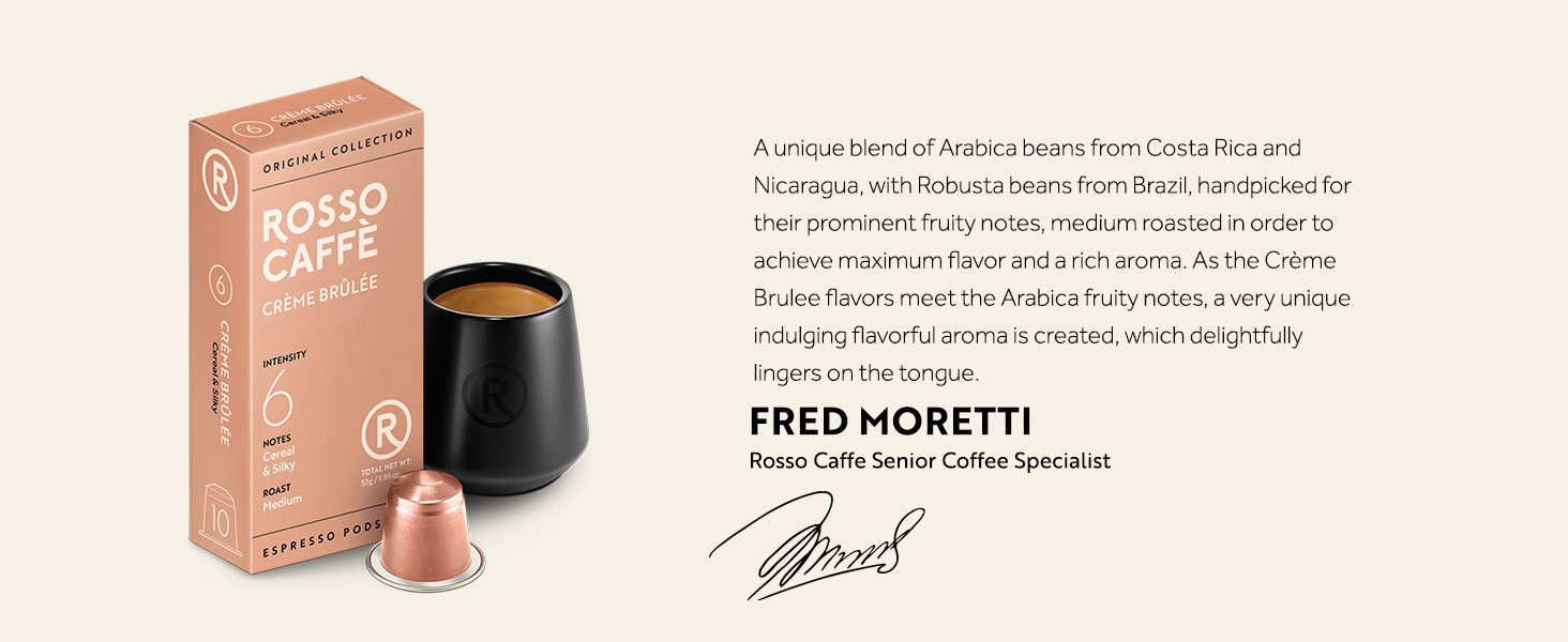 Rosso coffee capsule product packaging in rose gold color alongside black coffee capsule holder. Includes signature text from Fred Moretti coffee specialist.