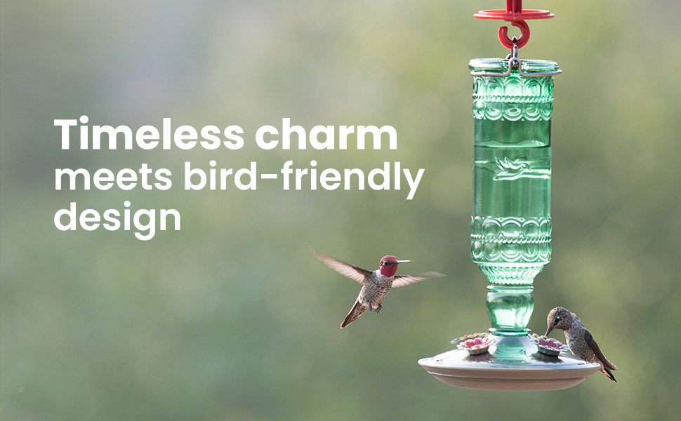 Perky-Pet Green Antigue Glass Bottle Hummingbird Feeder timeless charm meets bird-friendly design