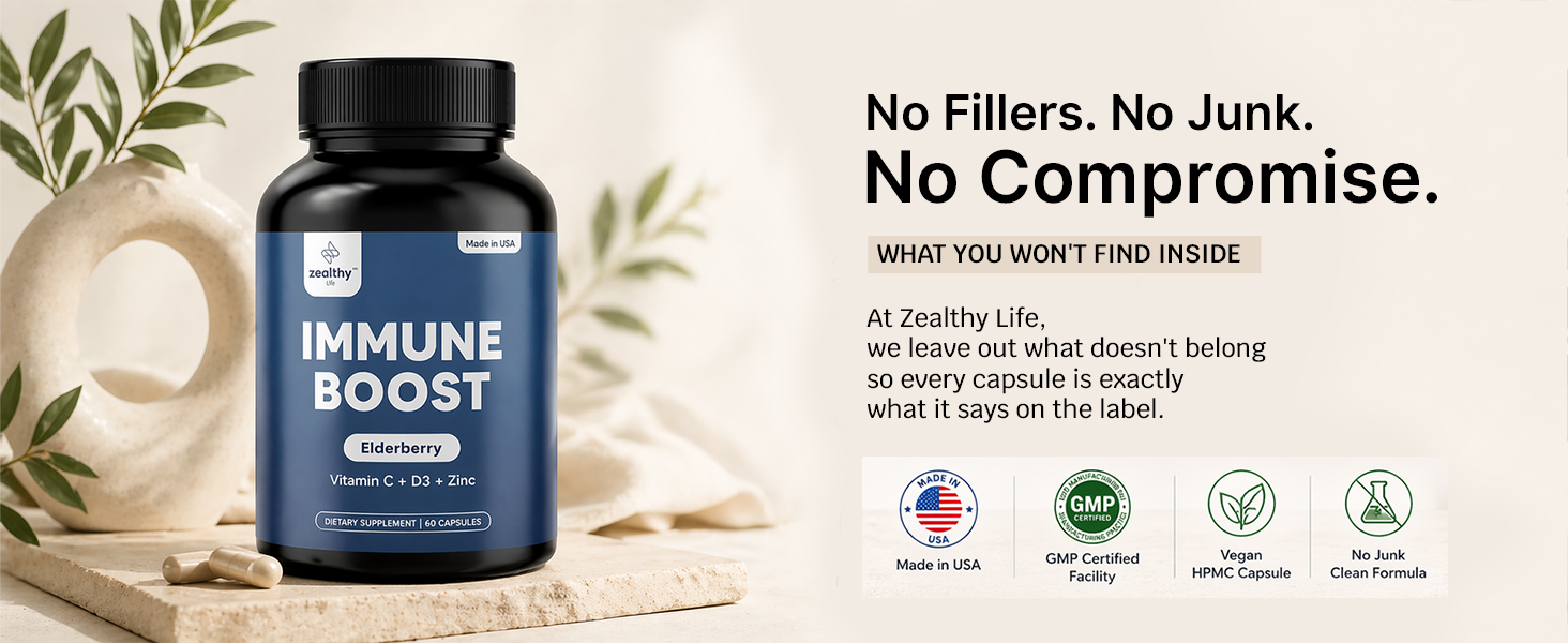 Immune Boost supplement bottle on a clean surface with capsules and plant in background