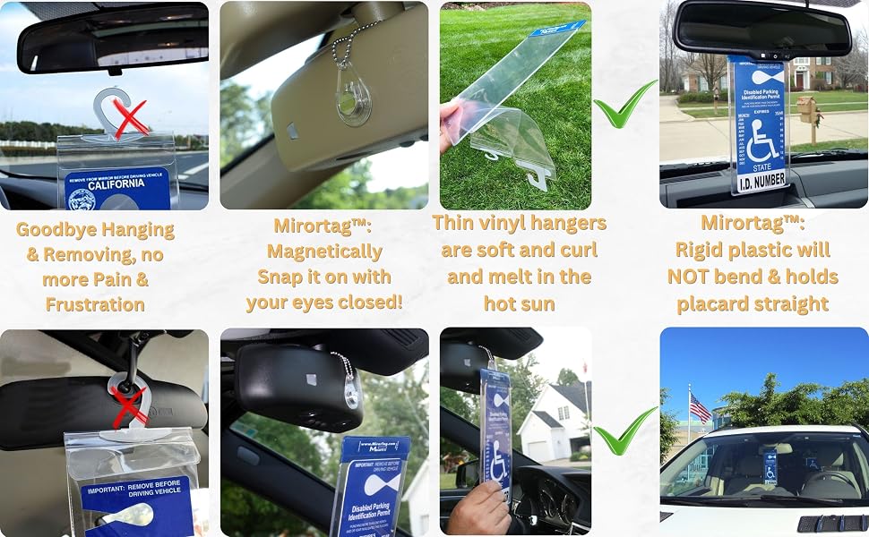 Handicap parking permit holder Mirortag shown with magnetic Charm to display disabled placard easily
