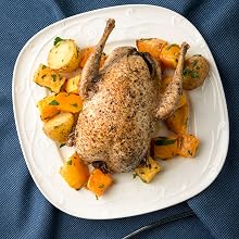 pan roasted partridge on a plate