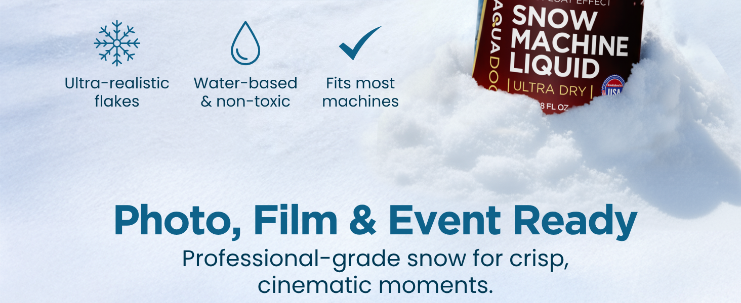 Ultra-dry fluffy artificial snow created with AquaDoc snow machine fluid.