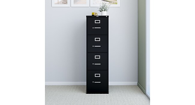 front view of 4 drawer black file cabinet in office hallway